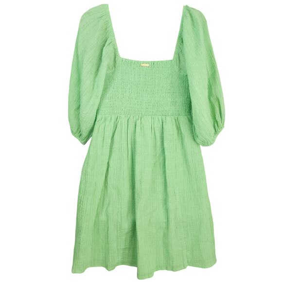 BILLABONG Smocked Dress Small Slime Green Cotton Gauze Puff Sleeve Twist Front - Picture 4 of 6